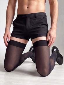 2 Pairs Men's Solid Color Sheer High Elastic Ultra-Thin Sexy Over-The-Knee Socks, Suitable For Party, Date, Daily Wear, Formal Business, Office - Black - View 5