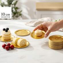 10/20/50pcs Thickened Gold Paper Plates, Round Mini Trays, Metallic Gold Cardboard Cake Bases, Suitable For Snacks, Cupcakes, Coffee, Desserts, Nuts, Perfect For Shower Party, Holiday, Wedding, Birthday Party Decoration Tableware - Gold - View 10