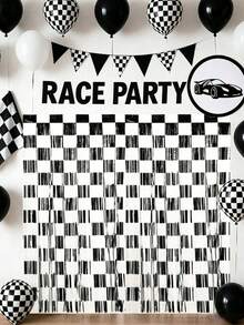 2/1pc Racing Theme Metallic Tinsel Curtains, Black And White Checkered Fringe Curtains, Rain Curtain Balloon Set, Racing Theme Birthday Party Decor Curtains, Theme Party Foil Curtains, "Go Racing" Party Backdrop, Indoor/Outdoor Party Backdrop Decor - Racing - View 3