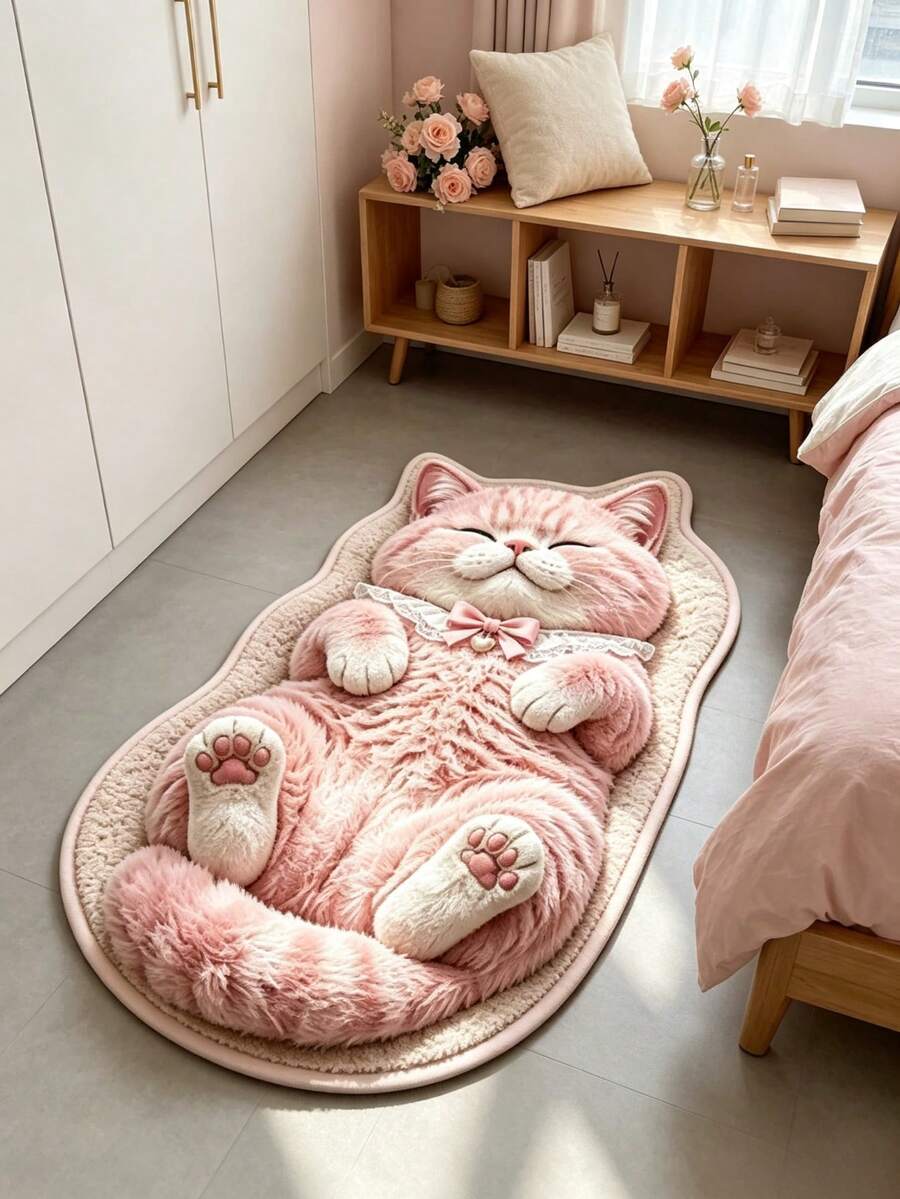 1pc Pink And White Cat Lying Down Floor Mat, Living Room Rug, Carpet, Area Rug, Small Area Rug, Mat, Home Decor, Large Living Room Rug, Round Rug, Living Room Home Decor, Room Decor, Washable Rug, Halloween Gift - Lying down Pink and White Cat - View 1