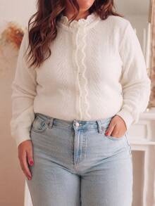 Plus Size Women's Solid Color Casual Versatile Daily Knit Top - White - View 3