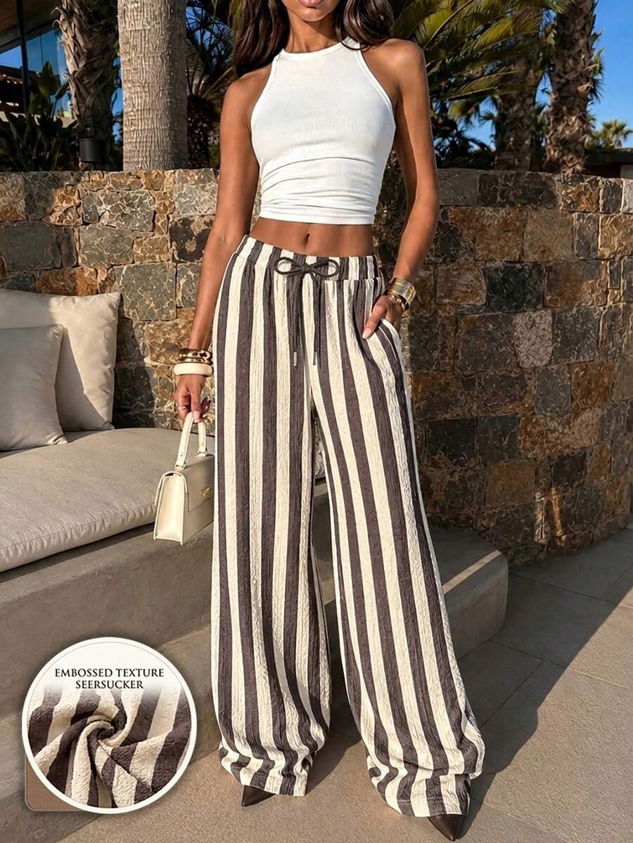 女款條紋人造絲寬腿長褲,長款紋理泡泡紗波希米亞風長褲,適合夏季穿著 - 棕色 - 查看 1