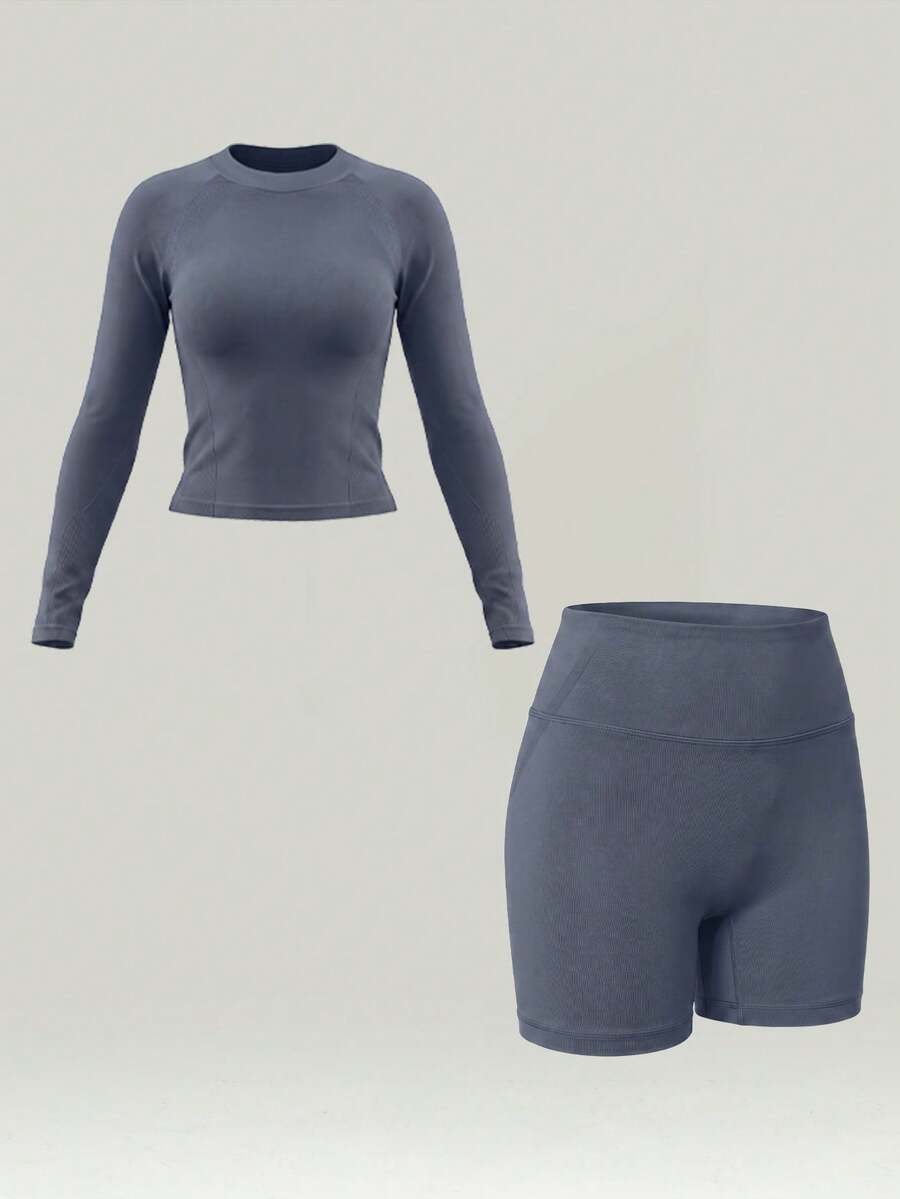 UONNOU 2pcs Women's Spring/Summer Sports Set, Soft Skin-Friendly Long Sleeve Top + Shaping Shorts Set, Tummy Control Butt Lifting Slim Fit Workout Outfit - Grey - View 1