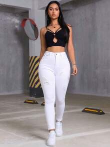 Pantalones de Mezclilla Ajustados con Elasticidad de Cintura Media con Roturas en las Rodillas para Mujer, Pantalones que Levantan las Nalgas - Blanco - Ver 6
