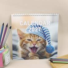 1PC 2027 Cartoon Kitty Desktop Calendar, Lovely Yawning Cat Design Monthly Desk Planner For Home & Office - Single Piece - View 3