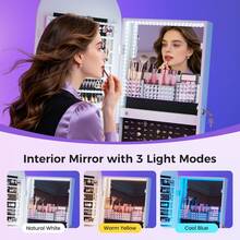 HWB RGB Jewelry Cabinet With Full Length Mirror, 360° Rotating Lockable | 12-Zone Velvet Floor Standing Jewelry Organizer | 108 Earring Slots, 24 Necklace Hooks, RGB+LED, Remote Control, Ideal Gift - White - View 5
