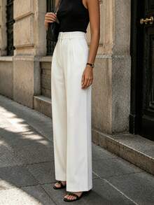 Pantalones largos de verano para mujer, pantalones de pierna ancha minimalistas de cintura alta con pliegues delanteros y fluidos, pantalones de oficina elegantes de color beige sin bolsillos, adecuados para atuendos de otoño - Blanco - Ver 6