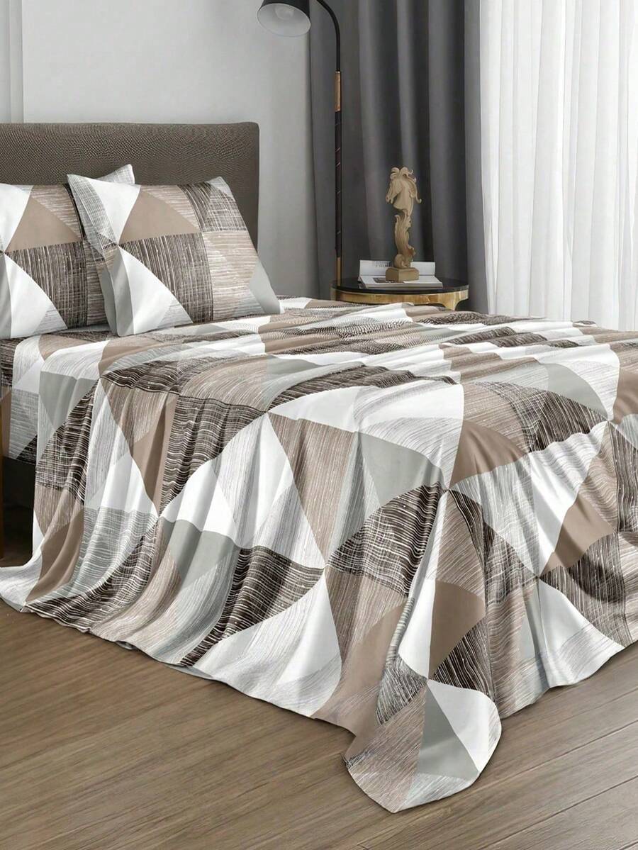 4-Piece Brown & Gray Triangle Patchwork Pattern Bedding Set, Easy Care Soft Bedding Set (1 Flat Sheet + 1 Fitted Sheet + 2 Pillowcases), Fitted Sheet Suitable For King, Queen, Full And Twin Size Beds, Pillowcase Depth 11.8 Inches, Soft Breathable Wrinkle-Resistant - Brown - View 1