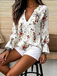 Women's Elegant Floral V-Neck Ruffle Trim Long Sleeve Blouse, Suitable For Tea Party, Travel, And Vacation Wear, Spring/Summer White - White - View 3