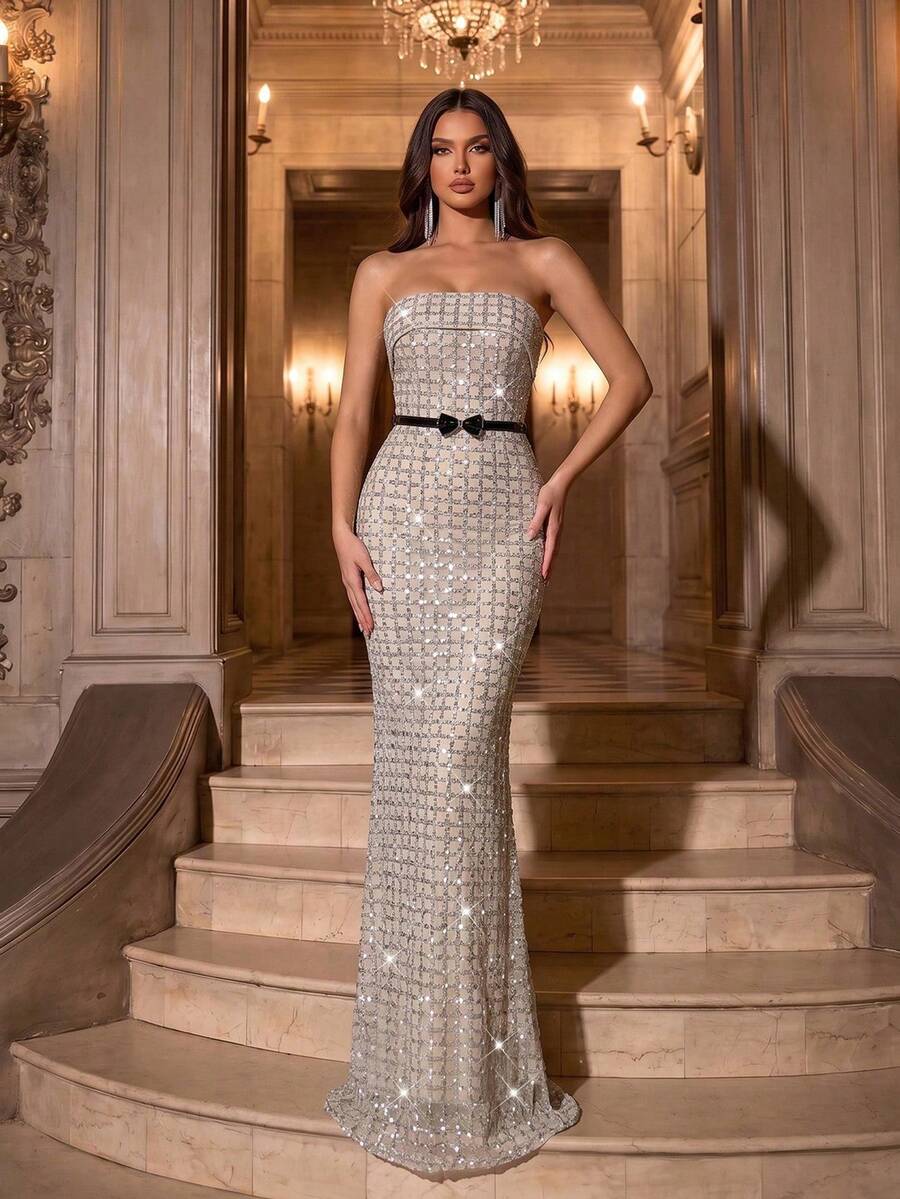 Modphy New Strapless Sleeveless Fitted Backless Heavy Sequin Long Dress (With Belt) Wedding Gown - Silver - View 1