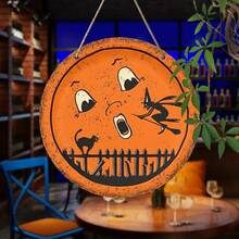 Vintage Halloween Moon And Black Cat Round Wooden Sign - Rustic Style Orange Wall Art With Witch And Cat Silhouette - View 2