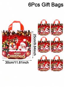 6/12pcs Christmas Plastic Tote Bags, Cartoon Reindeer & Santa Claus Pattern Reusable Gift Bags, Shiny Shopping Bags, Red Party Gift Bags, 2026 Holiday Christmas Home Decor, 2027 Christmas Gift Christmas New Year Packaging Bags - Santa Claus Elk - View 4