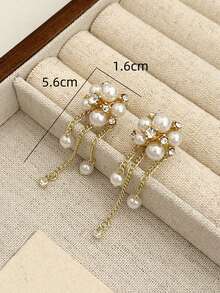 1 Pair French Style High-End Gold-Tone Rhinestone Flower & Pearl Long Tassel Earrings, Luxury Delicate Classic Fashion Earrings For Daily Wear - Earring - View 4