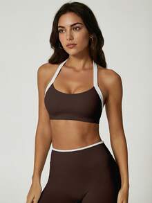 NcmRyu Women's One Set Colorblock Halter Backless Bra & High Waist Ribbed Waistband Shorts Sports Set - Brown - View 5