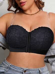 Women's Plus Size Floral Lace Front Closure Strapless Bra, Comfortable And Breathable, Push-Up Side Support, Multi-Row Hook And Eye, Detachable Transparent Straps - Black - View 6
