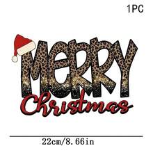1/2/3件可水洗熱轉印貼紙，豹紋亮片 MERRY 搭配聖誕帽，紅色草寫聖誕文字，適用於T恤、包包、枕頭 - 多色 - 查看 7
