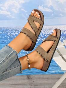 Vintage Distressed Suede Flat Summer Slides, Women's Casual Beach Holiday Outdoor Walking Comfortable Insole Sandals - Khaki - View 6