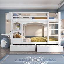 Kids Double Bed Frame With Folding Desk And Shelf, Includes Ladder And 2 Drawers, - White - View 2