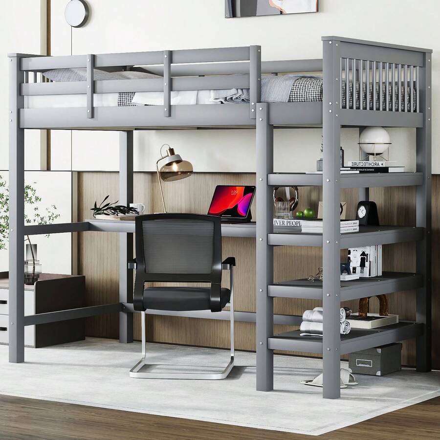 Bed Frame Kids 90x200 With Desk And Shelves, Grey - 灰色 - 查看 1