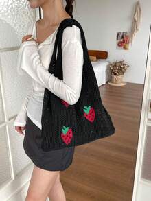 Casual Versatile Crochet Knit Large Capacity Shoulder Bag - Negro - Ver 8