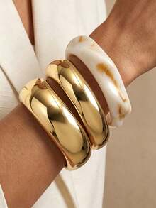 3pcs Vintage Minimalist Fashion Elegant Wide Resin Bangle Set, Geometric Asymmetric Design, Suitable For Women's Daily Wear - Multicolor - View 5