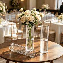5/10/2/14pcs Elegant Striped Straight Wedding Table Transparent Vase, Minimalist Modern Plastic Cylindrical Vase, Versatile Floral Arrangement Holder Suitable For Wedding Banquet French Romantic Minimalist Style Wedding Table Decor - Clear - View 4