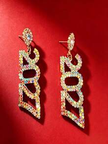 2027 Digital Long Rhinestone Drop Earrings Round Diamond / Heart Diamond Stud Earrings Multicolor Rhinestone New Year Party Atmosphere Earrings - Round 2027 Earrings - View 2