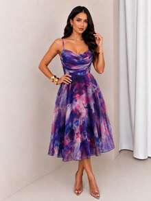 ChicMe Women's Ombre Print Ruched A-Line Sleeveless Midi Dress, Back Zipper Design, Casual Elegant, Suitable For Daily And Vacation Wear - Purple - View 1