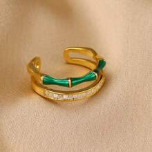 14K Gold Plated Copper Double Layer Bamboo Joint Open Ring, Green Enamel And Rectangular Zirconia Accents, Women's Stackable Jewelry, Suitable For Daily And Evening Wear - Green - View 3