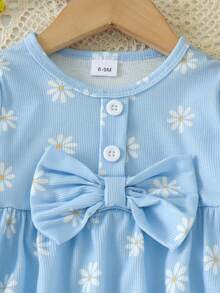 2pcs Baby Girl Fresh Daisy Print Bow Flare Long Sleeve Top And Pants Set, Thin Mori Style - Baby Blue - View 4