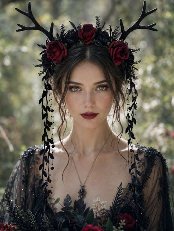 1pc Gothic Black Antler Red Rose Headband, Halloween Flower Crown With Black Vines Ribbon, Women Cosplay Party Hair Accessories