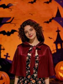 1pc Halloween Party Cape, Short Hooded Solid Color Poncho Style Short Cloak, Christmas Short Hooded Princess Cape, Cosplay - Burgundy - View 2