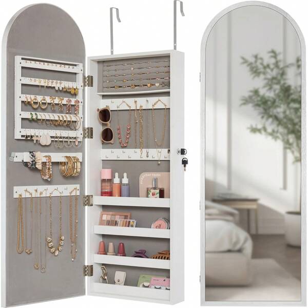 Door/Wall Mounted Arch Mirror Jewelry Armoire, W/ Metal Frame, Built-In Lock