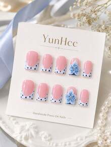 10 piezas de pegatinas de uñas cuadradas con punta de lunares azul claro hechas a mano, uñas postizas decorativas 3D azul y blanco, adecuadas para el uso diario y fiestas, regalo perfecto para mujeres y niñas, uñas postizas hechas a mano - Celeste - Ver 2