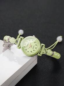 Women's Adjustable Cord Beaded Watch With Butterfly Pendant, Small Digital Dial, Versatile Niche Quartz Wristwatch, Gift For Girlfriend (1pc/Set) Watch Box Not Included - Green - View 7
