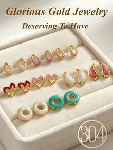 18pcs/9 Pairs Summer Gold Women's Earring Set, Including Hollow Heart Earrings, Teardrop Studs, Suitable For Daily, Vacation And Casual Wear, Elegant Stud Earrings, Industrial Piercing Jewelry - Oil Dripping Kit - View 1
