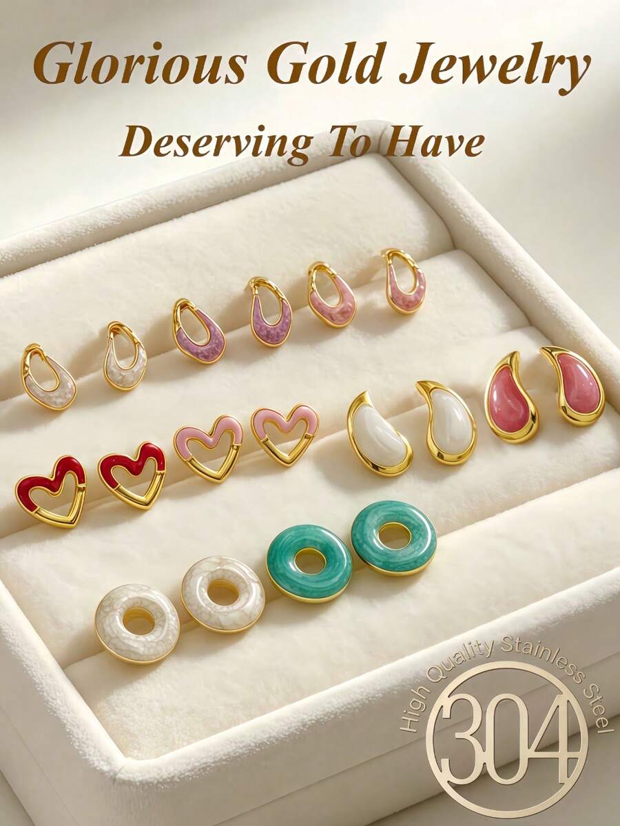 18pcs/9 Pairs Summer Gold Women's Earring Set, Including Hollow Heart Earrings, Teardrop Studs, Suitable For Daily, Vacation And Casual Wear, Elegant Stud Earrings, Industrial Piercing Jewelry - Oil Dripping Kit - View 1