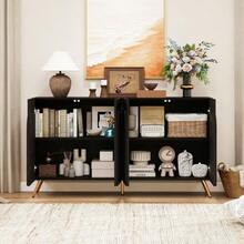 Mid-Century Design Sideboard, Black Hallway Cabinet With 3D Grooves And Arched Doors, Engineered Wood, Adjustable Shelves, Gold-Colored Metal Feet - Black - View 5