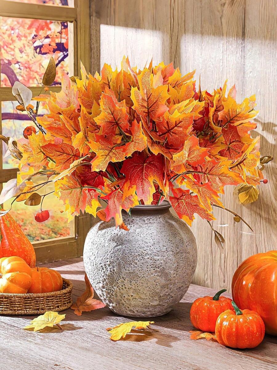1/3/6pcs Artificial Maple Leaves, Autumnal Maple Leaf Bouquet, Suitable For Autumn Decorations, Home Decor, Wall Decorations, Weddings, Halloween, Party Decorations, Garden Decorations, Porch Decorations, Room Decorations, And Outdoor Autumn Decor - Multicolor - View 1