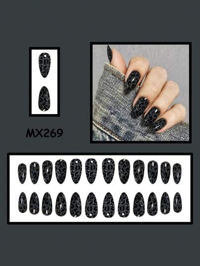 24pcs Medium-Long Almond Shaped Fake Nails, Dark Leopard Print Press-On Nails, Full Coverage Removable, Women's Manicure Set, Suitable For Party, Dancing And Daily Wear