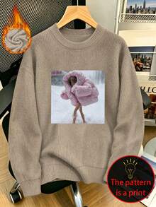 Women's Plus Size Casual Faux Knit Top, Snowman Print, Round Neck, Long Sleeve, Y2K Style, Autumn/Winter - Camel - View 1