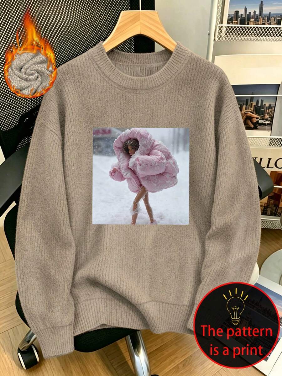 Women's Plus Size Casual Faux Knit Top, Snowman Print, Round Neck, Long Sleeve, Y2K Style, Autumn/Winter - Camel - View 1