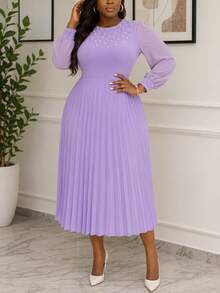 Women's Mid-Length Chiffon Dress, Lantern Sleeves, Round Neck, Pearl Decor, Pleated A-Line Silhouette, Elegant & Comfortable, Suitable For Work, Office, Casual, Formal Occasions In Spring/Summer - Mauve Purple - View 2