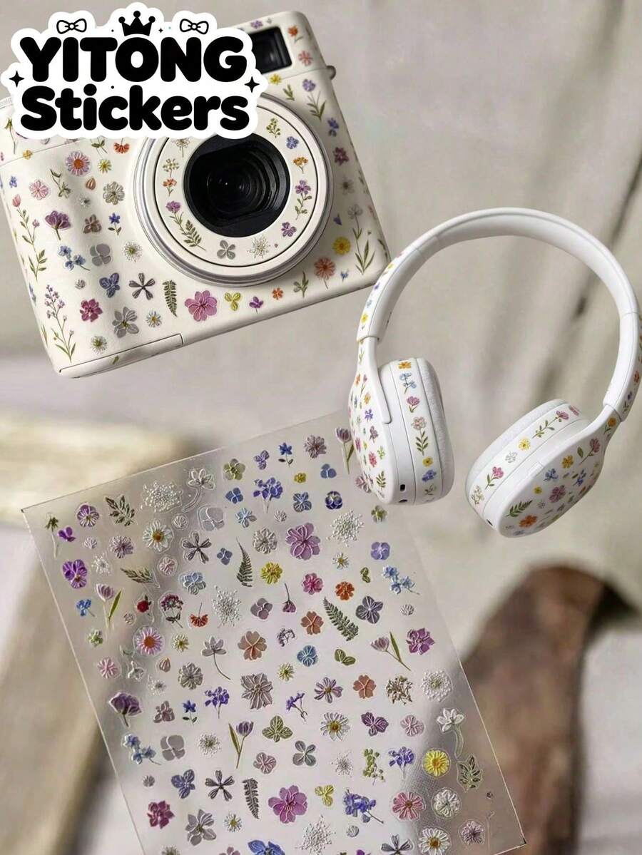 1pc Hand-Painted Watercolor Style Colorful Floral & Leaf Decorative Sticker, High Transparency Base, Waterproof, Wear-Resistant, No Residue, Digital Shell & Portable Item Soft Pastoral Style Beautification Sticker - Dried Flower Stickers - View 1
