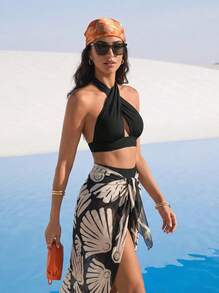 CAJUNI Plus Size Women's Black Criss-Cross Halter Hollow-Out Top And High-Waisted Bikini Bottom Set With Patterned Mesh Maxi Dress,Classy Summer Beach - Black - View 1