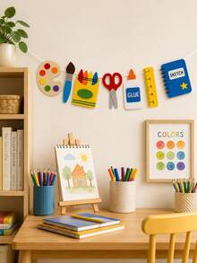 1pc-Back To School Art Garland Banner, Paint Palette Brush Crayon Scissors Glue Bottle Ruler Sketchbook Cutout Hanging Sign, Foldable Lightweight Wall Decor For Art Classroom Library Study Office First Day School Indoor Party Wall Decoration - J - View 6