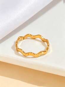 1pc Minimalist Wave-Shaped Open Stainless Steel Ring, Adjustable Smooth Finish 18K Gold Plated Accessory, Suitable For Daily Wear - Silver - View 8