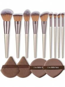 13pcs Milk Tea Color All-In-One Makeup Brush Set, Multi-Functional Face And Eye Makeup Brushes, Suitable For Foundation, Blush And Eye Details, Includes Triangle And Heart-Shaped Powder Puffs And Ribbon Hanging Rope, Soft And Reusable, Suitable For Liquid Products - Brown - View 1