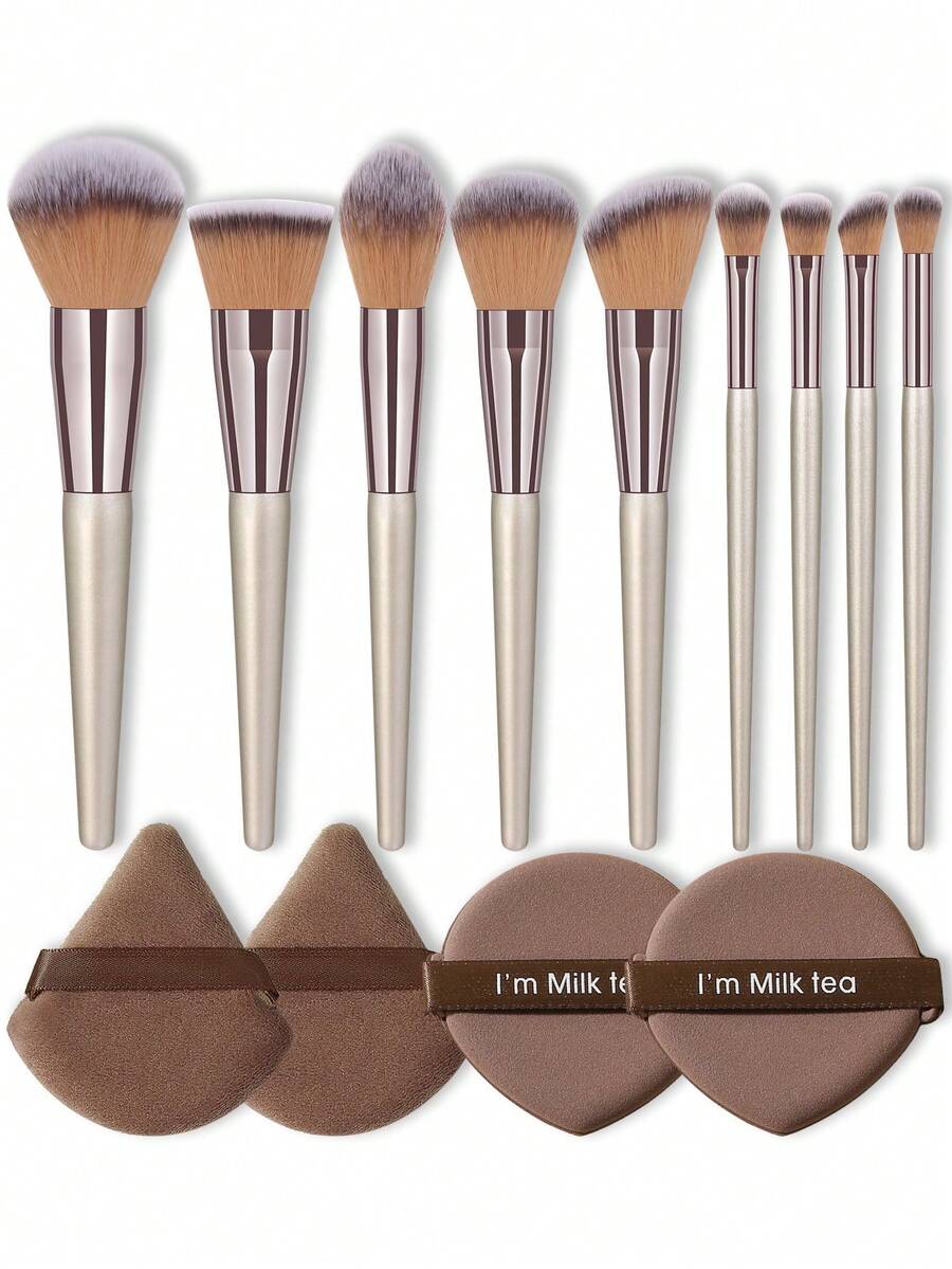 13pcs Milk Tea Color All-In-One Makeup Brush Set, Multi-Functional Face And Eye Makeup Brushes, Suitable For Foundation, Blush And Eye Details, Includes Triangle And Heart-Shaped Powder Puffs And Ribbon Hanging Rope, Soft And Reusable, Suitable For Liquid Products - Brown - View 1