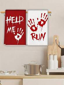 2pcs Halloween Hand Towels HELP ME, RUN, Scary Blood Handprint Design, Kitchen And Restaurant Decor, Outdoor Party Supplies, Suitable For Halloween Kitchen And Bathroom Decoration - Multicolor - View 2